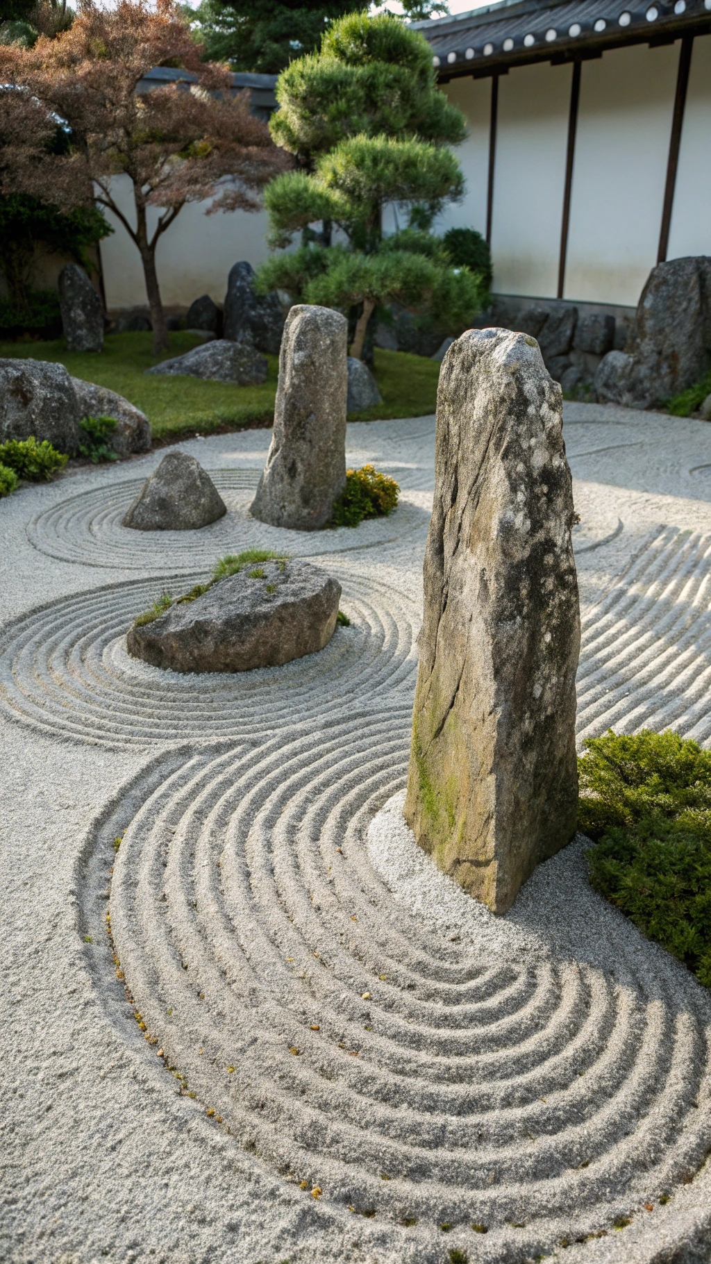 A kare-sansui garden with several vertical stones surrounded by concentric gravel circles, raked meticulously to resemble ripples