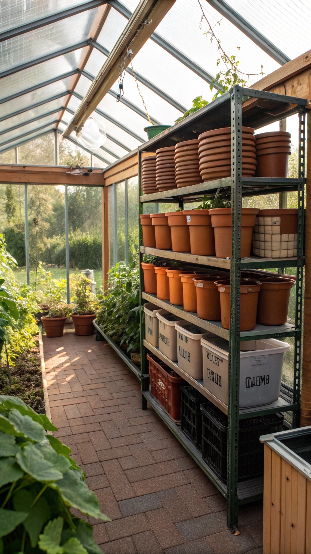 An overhead rack filled with stacked pots,