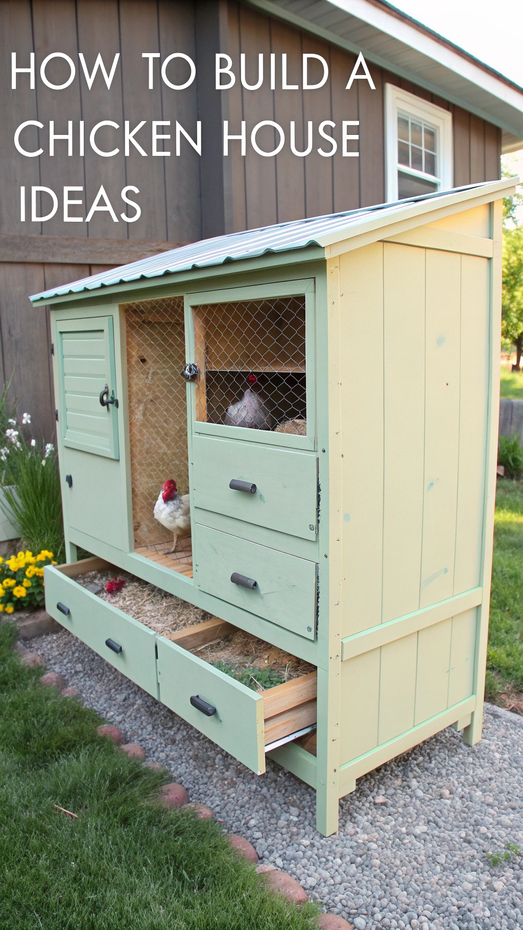 An upcycled furniture coop, such as a dresser repurposed with added chicken wire and nesting areas.