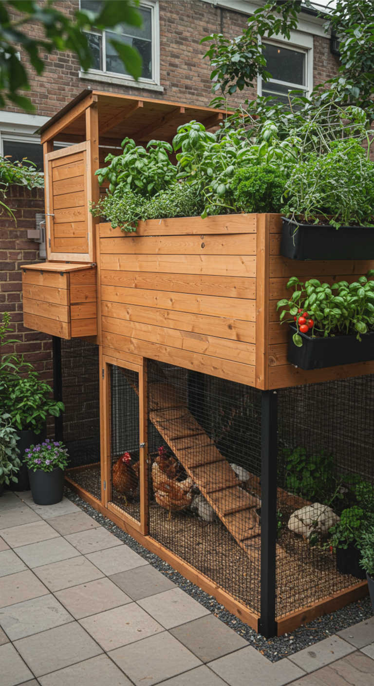 modern vertical coop in a small urban backyard