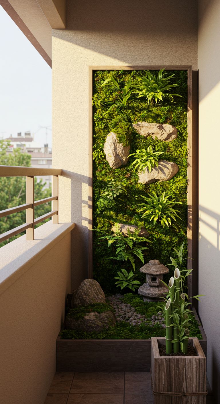 A vertical frame hung on a balcony wall, lush with moss and dotted with tiny ferns.