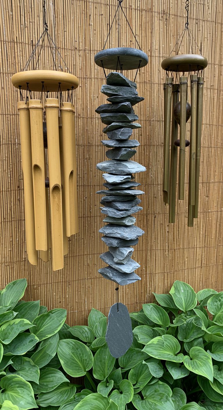 Wind chimes: one natural bamboo tubes, one with flat, grey slate pieces, and one with thin, brushed bronze rods