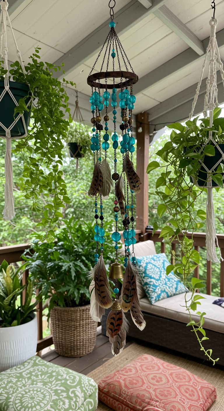 Boho wind chime with turquoise glass beads, small brass bells, and pheasant feathers