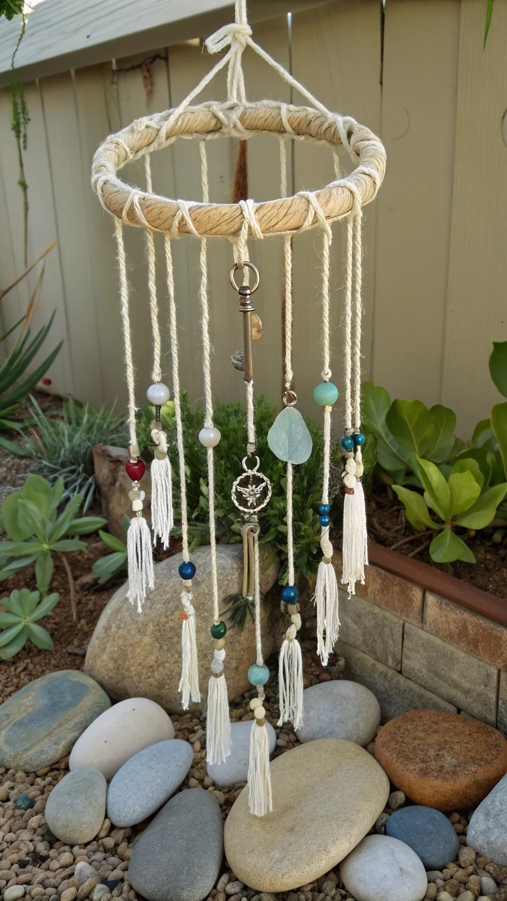 DIY-style boho wind chime made from an old embroidery hoop wrapped in yarn, with strands of mismatched beads,