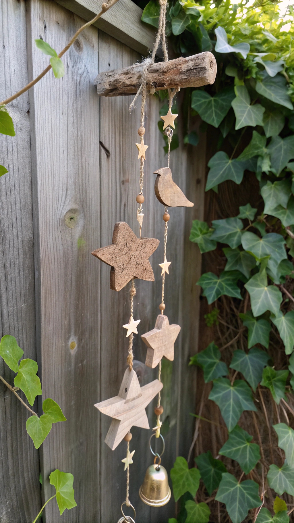 close-up on a rustic wind chime made from wooden tars, simple birds and metal bells