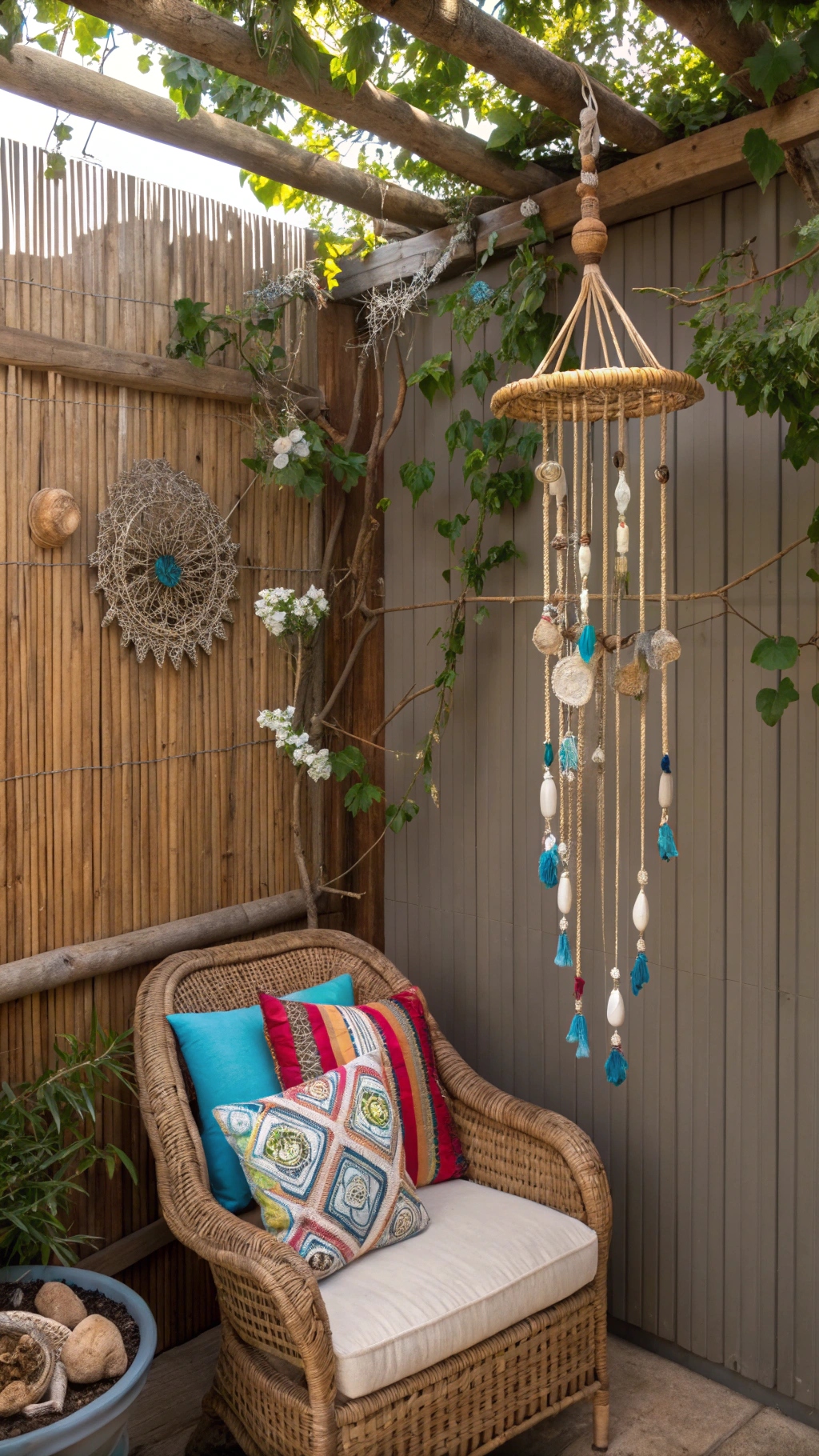 Patio corner with a wicker armchair and boho wind chime made with driftwood, shells, and blue glass beads