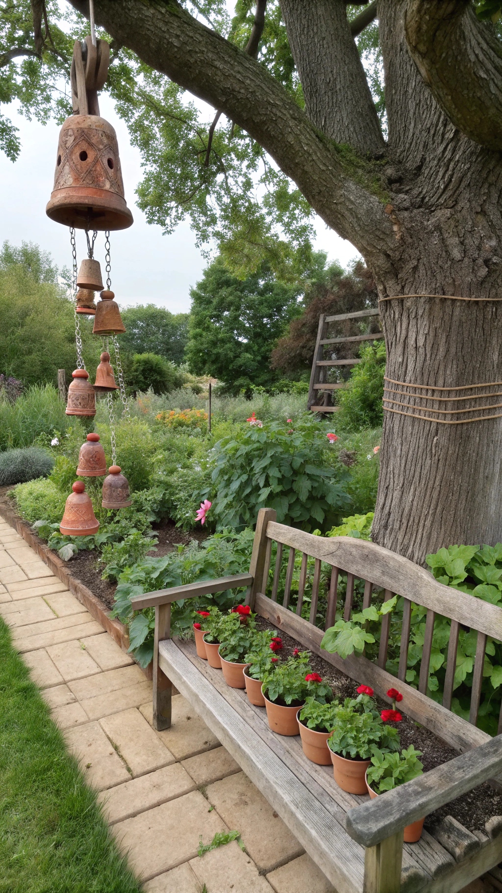 Rustic wind chime made of small terracotta bells