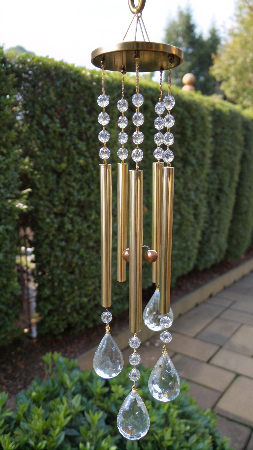 Wind chime featuring faceted crystal drops hanging below thin, polished brass tubes
