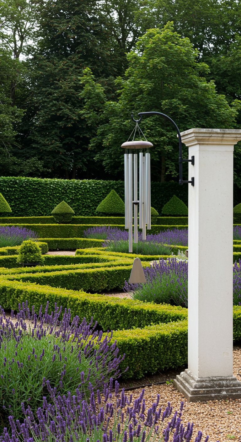 Formal garden parterre with low, clipped hedges in geometric patterns. A single, elegant wind chime made of long, thin silver tube