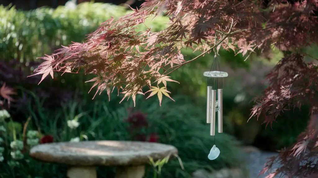 Wind chime hanging from a branch of Japanese Maple.