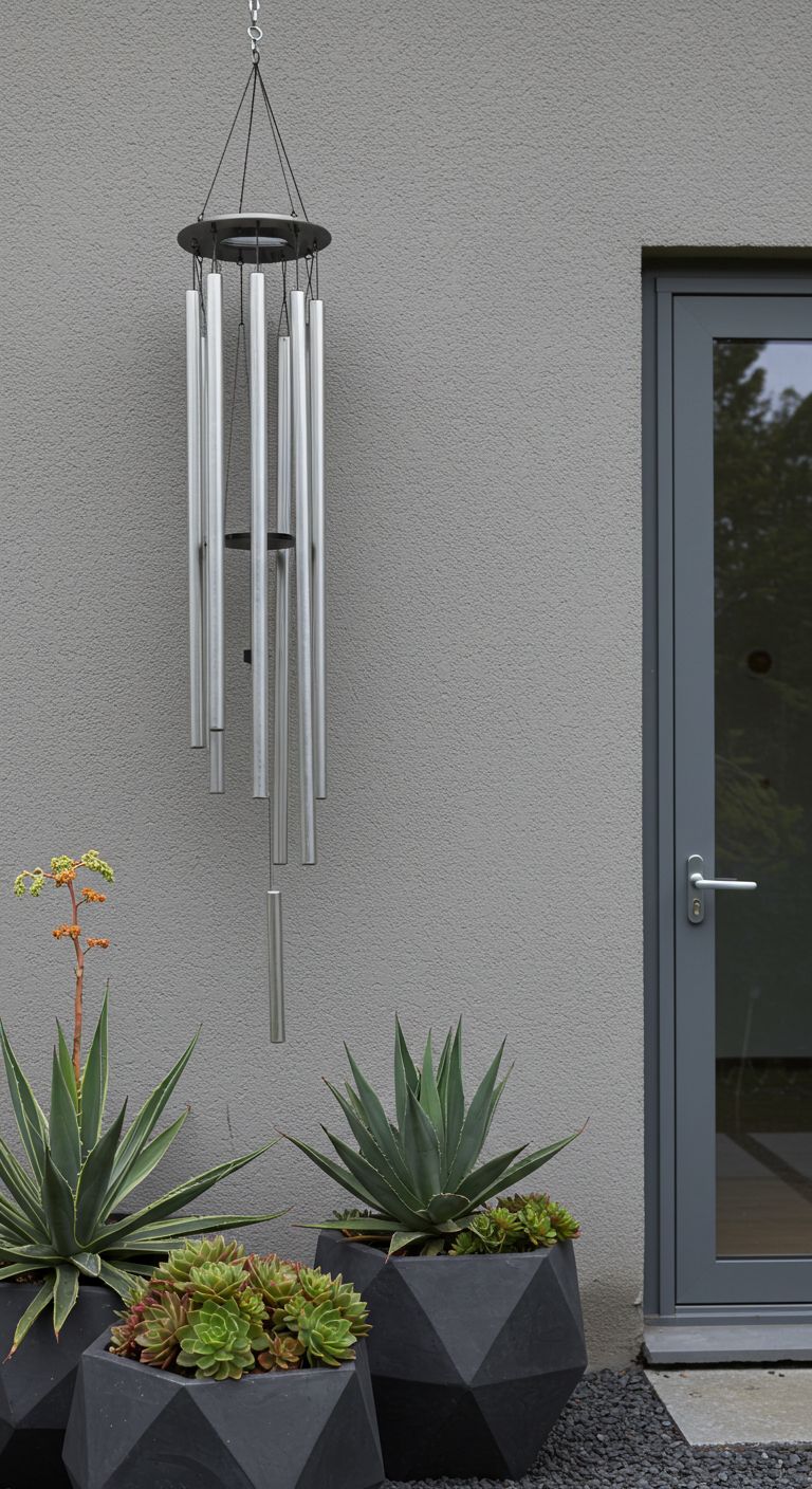 Silver metallic wind chime with long, thin tubes against a clean, grey stucco wall