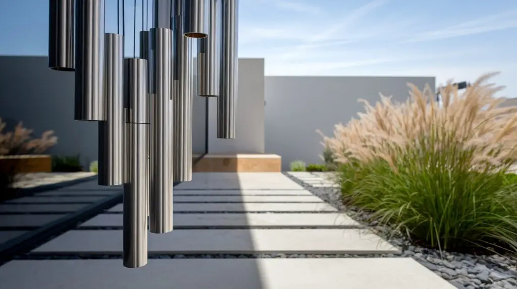 A close-up of a geometric precision of a modern wind chime