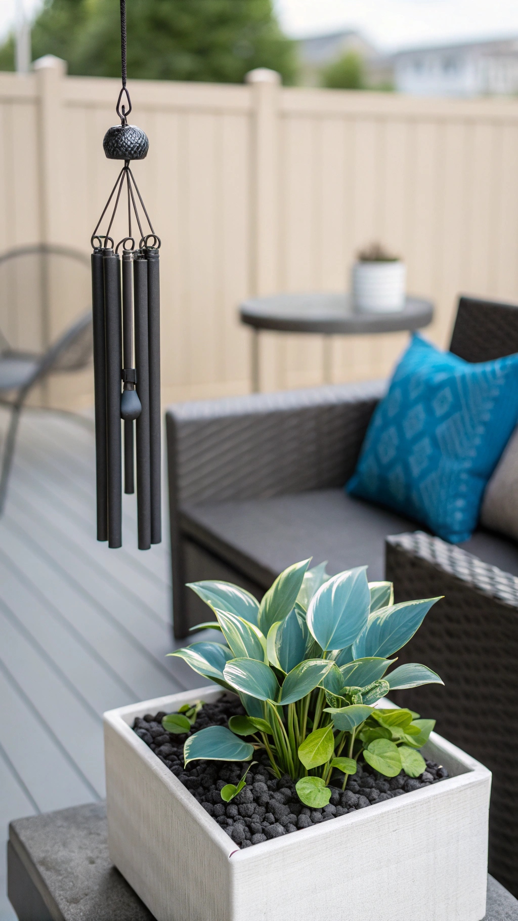 Black wind chimes in a modern patio setting