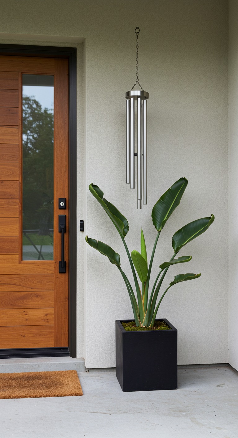Porch with narrow brushed steel wind chime above a Bird of Paradise in a square black planter