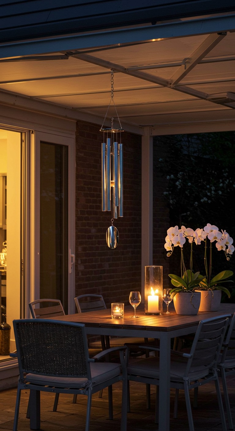 Outdoor dining area under a canopy. with a slender, elegant wind chime.