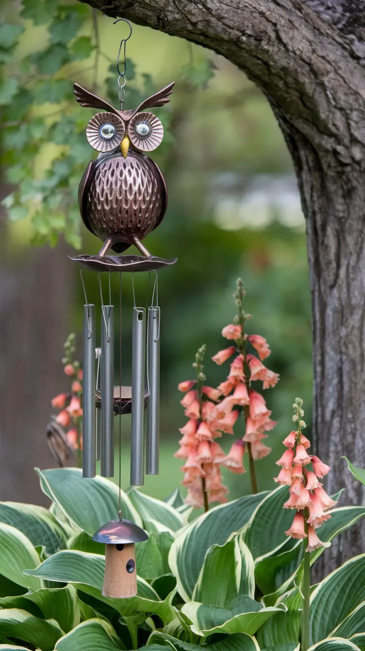 Wind chime shaped like a friendly metal owl