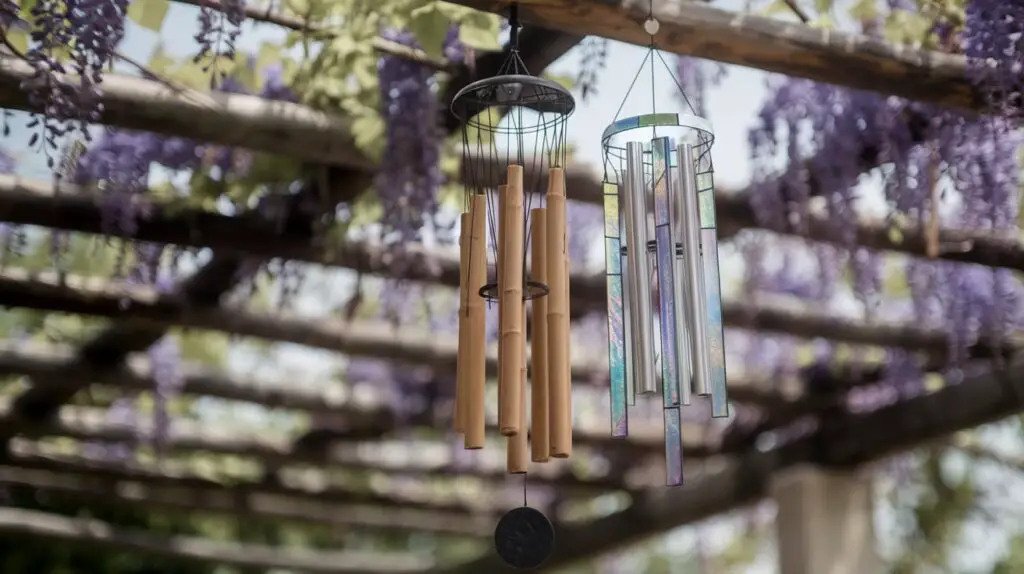 Two contrasting wind chimes, one polished bamboo, the other iridescent stained glass pieces hanging side-by-side from a rustic wooden pergola