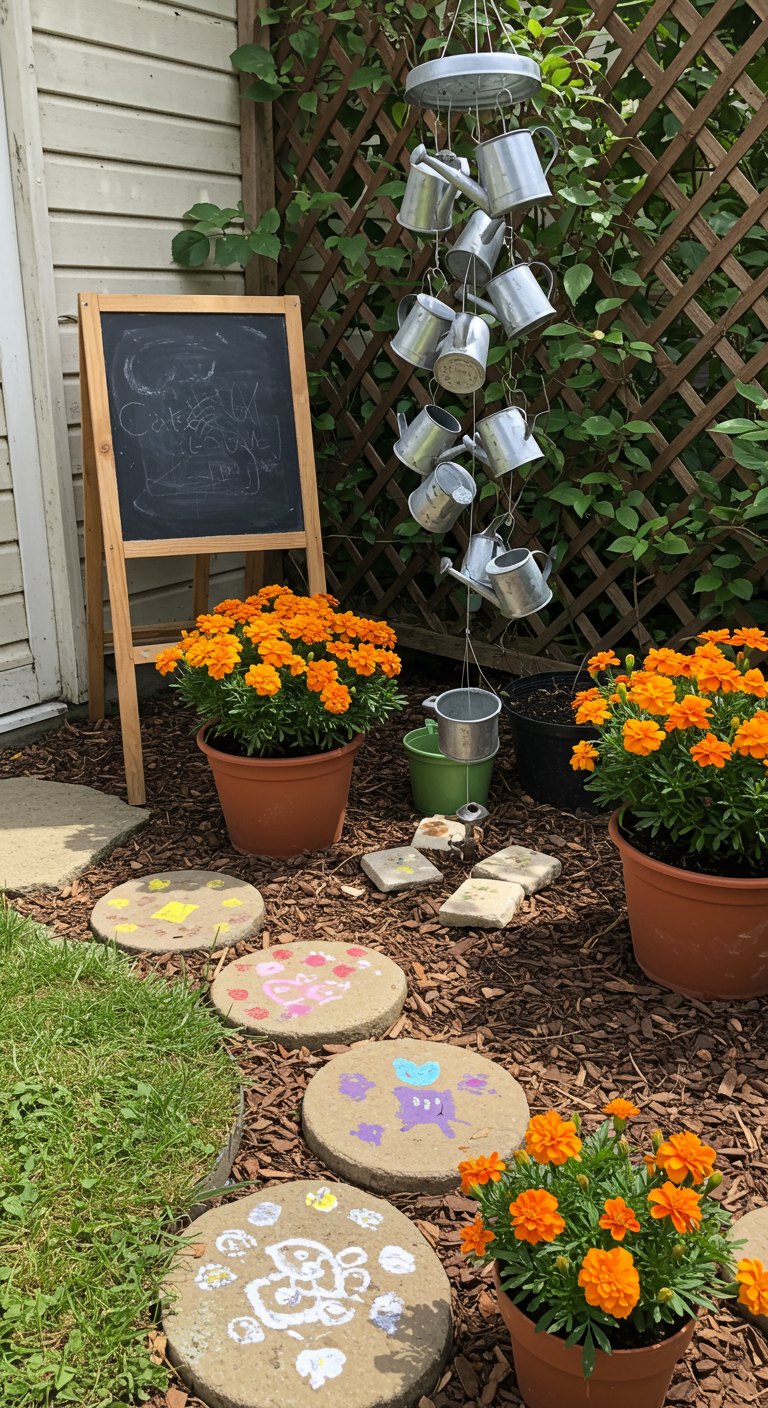 Whimsical wind chime made of tiny metal watering cans