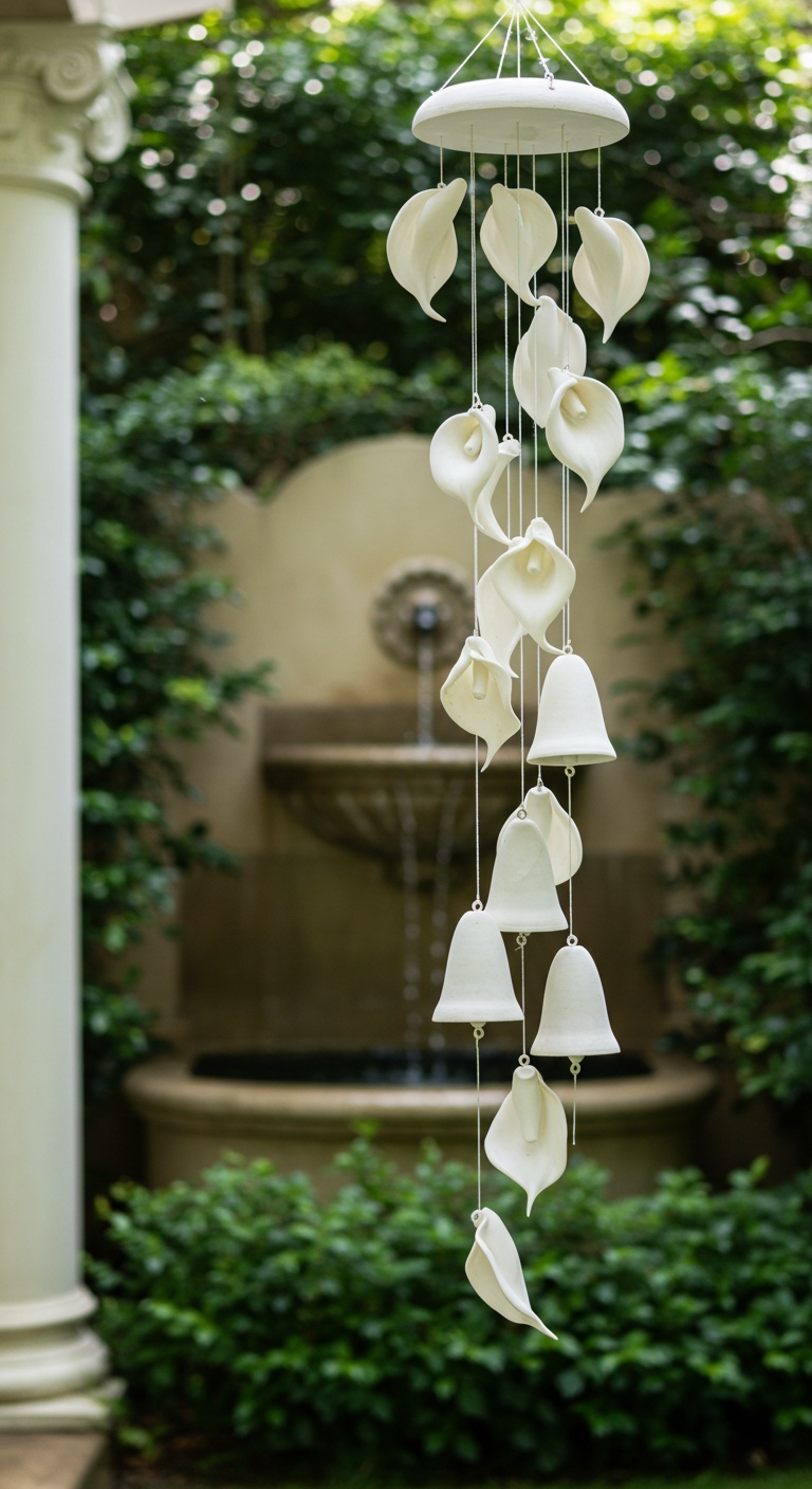 A wind chime made of white porcelain bells shaped like calla lilies