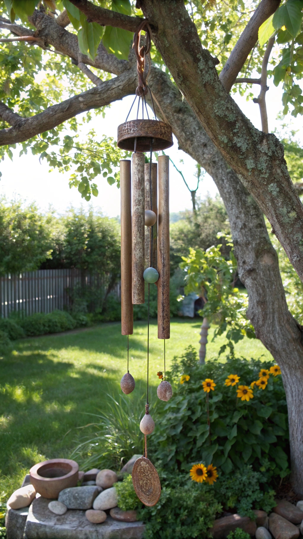Wind chime made of weathered copper pipes and small, smooth river stone
