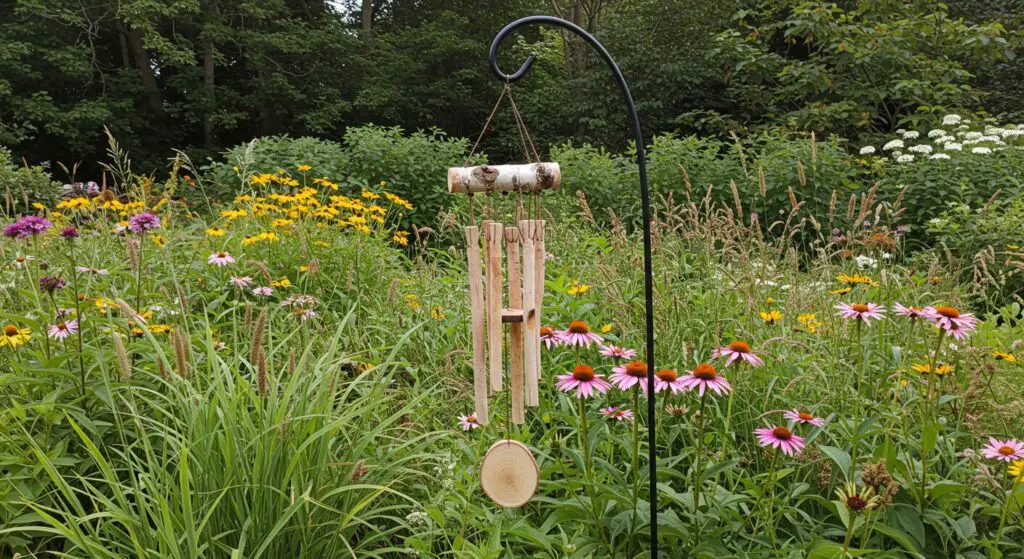 A rustic wind chime crafted from birch wood