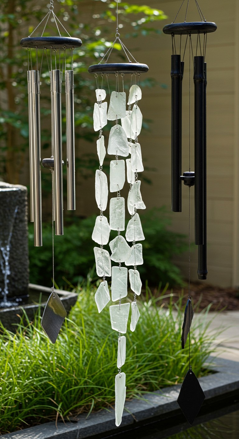 Three wind chimes First, chrome tubes. Second, frosted sea-glass panels linked by thin wire. Third, uses smooth, black-painted bamboo segments