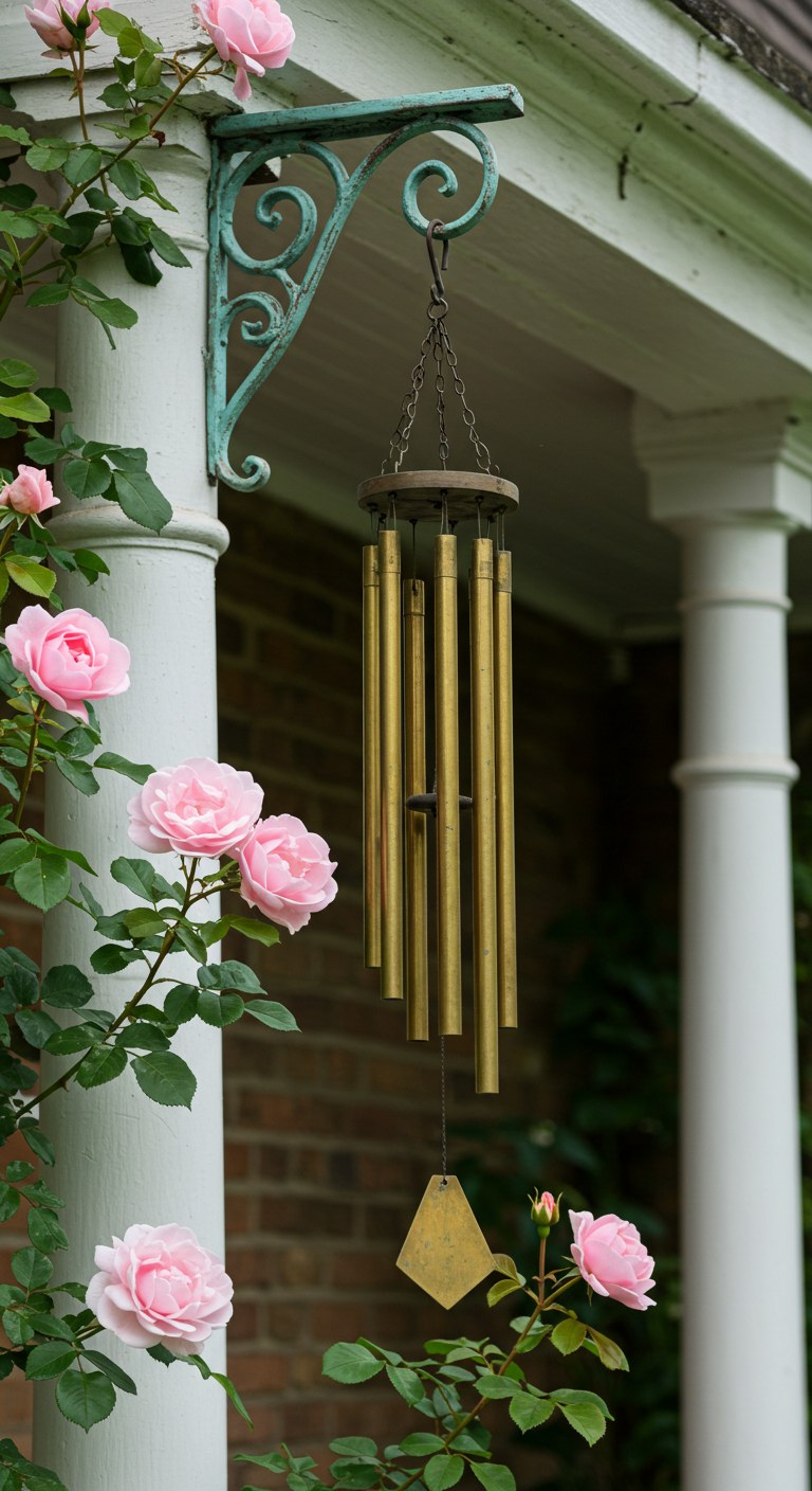 Vintage wind chime made of aged brass tubes with a delicate verdigris patina