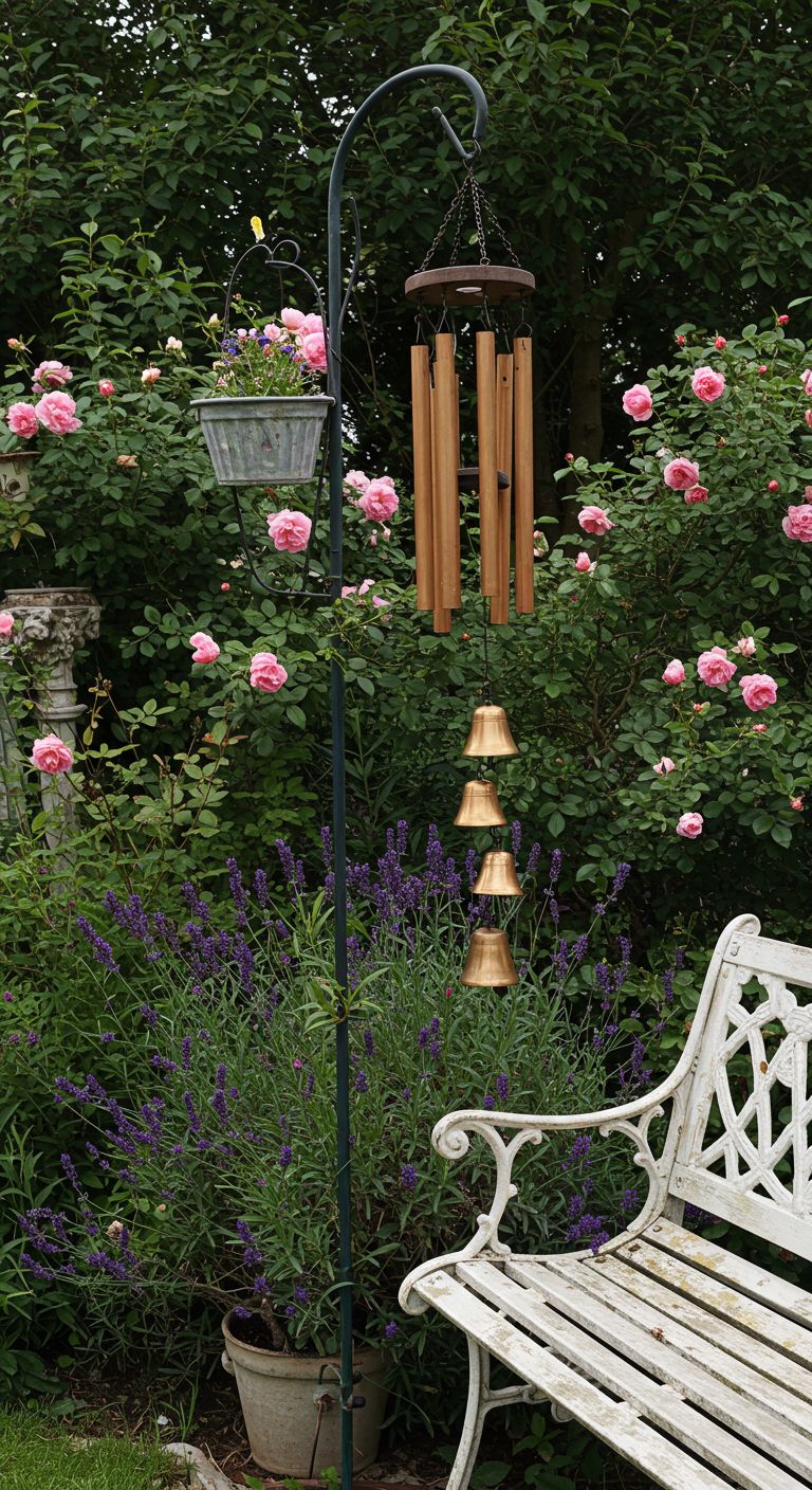 Victorian garden featuring a cast iron bench painted white. A vintage wind chime with small, tiered copper bells hangs from a nearby shepherd's hook