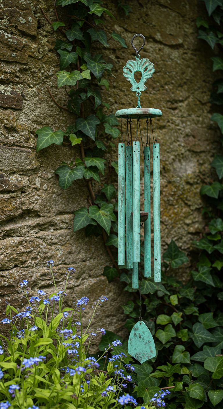 Wind chime with verdigris-coated metal shapes hangs near an old, lichen-covered stone wall