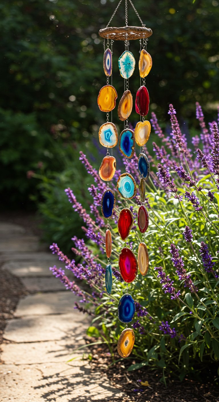 wind chime made from polished, colorful agate slices