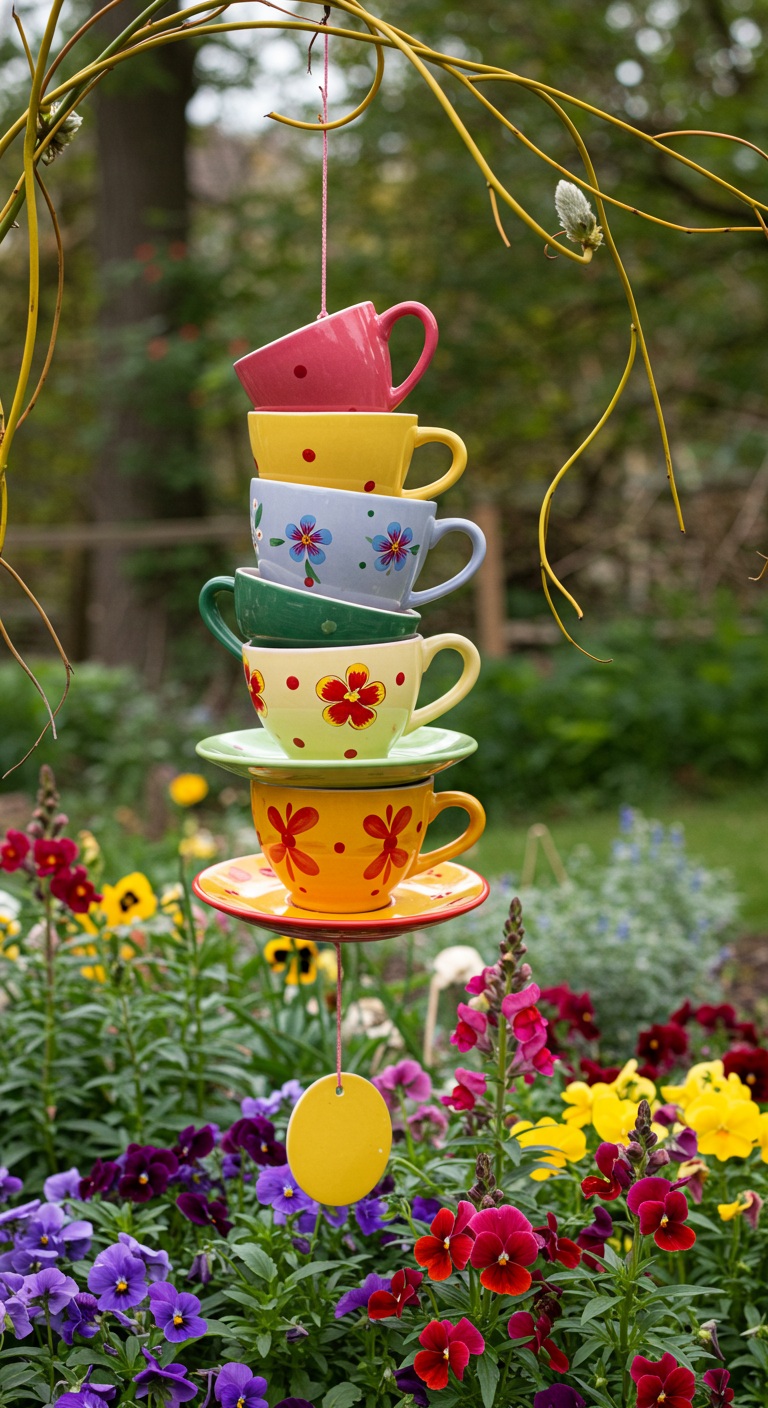 Wind chime, shaped like a stack of mismatched ceramic teacups