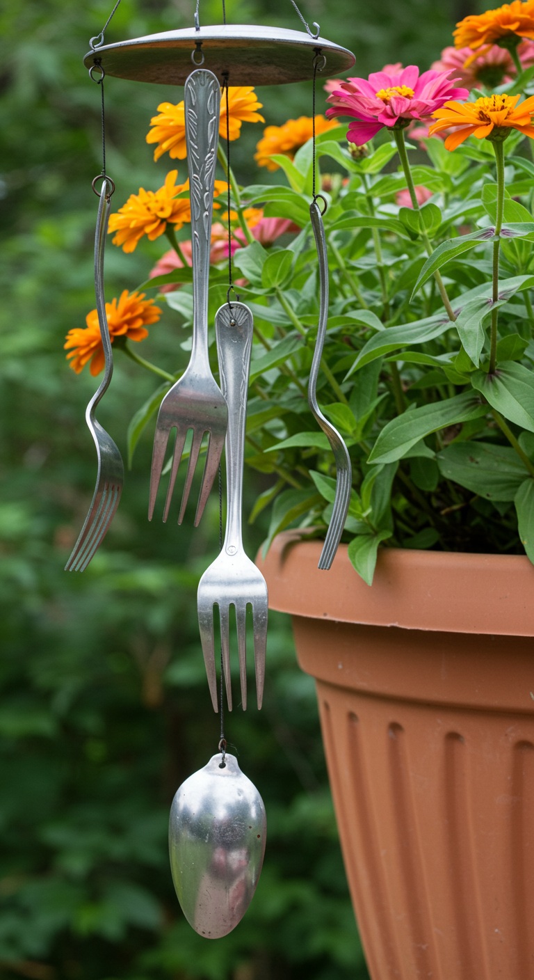 Wind chime crafted from painted metal spoons and forks,