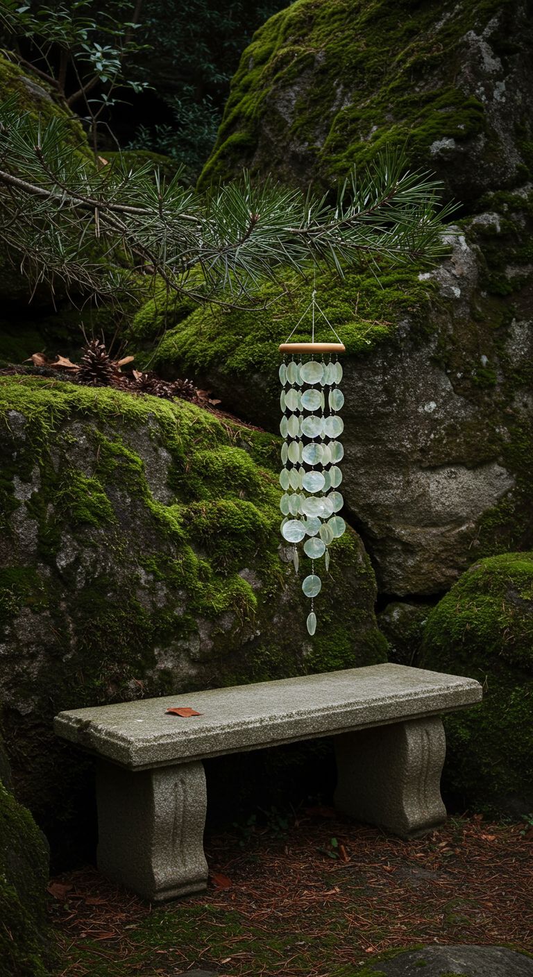 Zen garden with wind chime made of capiz shells