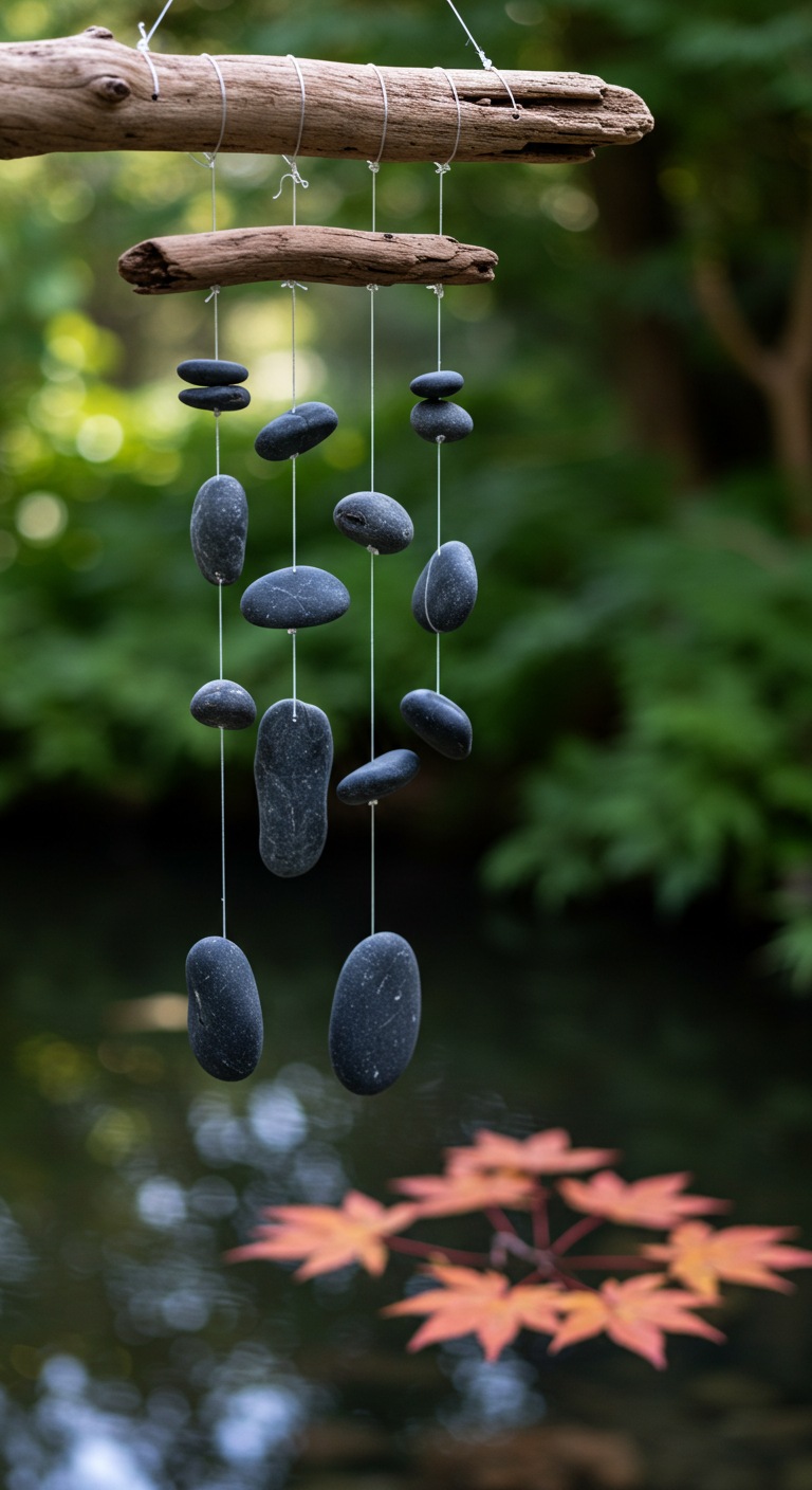 Zen wind chime made from smooth, dark river stones hanging from a piece of driftwood