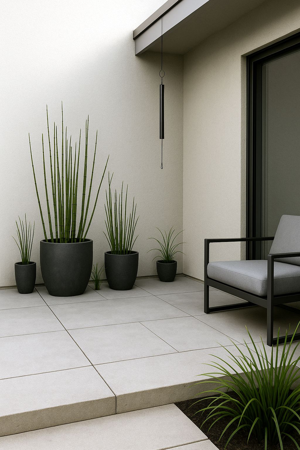 A single-rod Zen wind chime hangs near a patio seating area