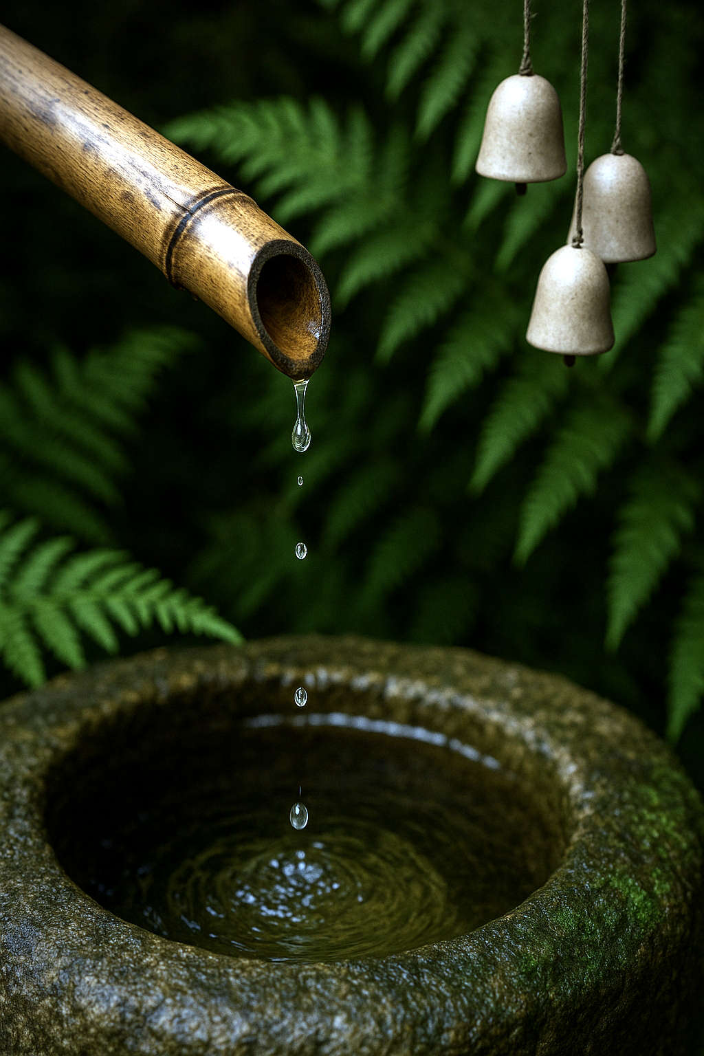 simple wind chime made of three small, smooth bells hangs above a 'shishi-odoshi' fountain