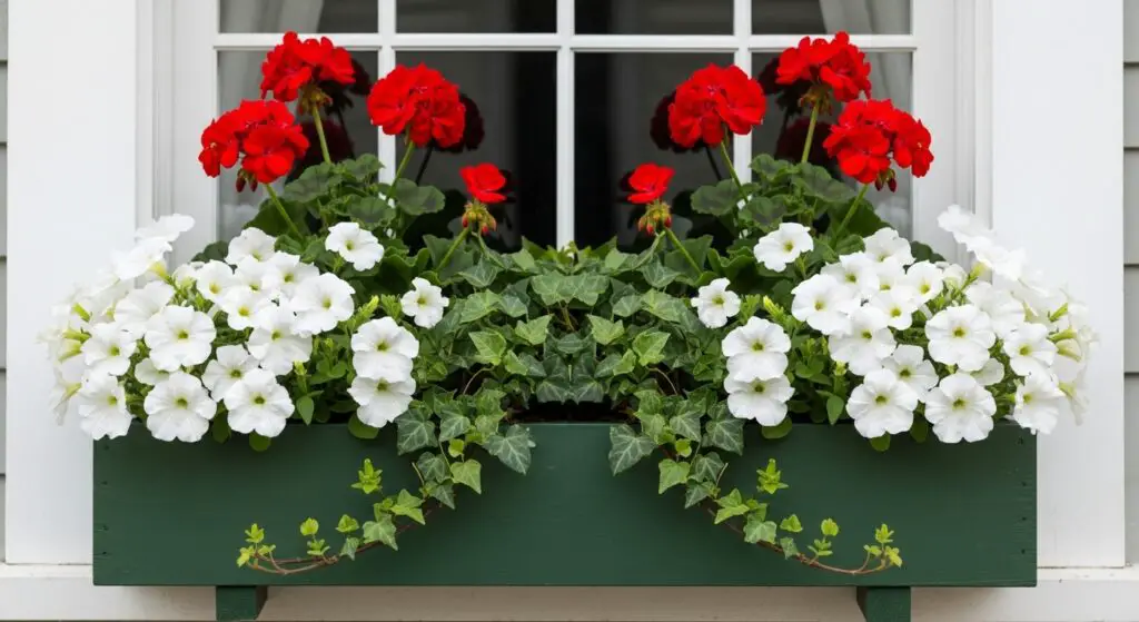 Red Geraniums flanked by pure white Petunias, with dark green Ivy