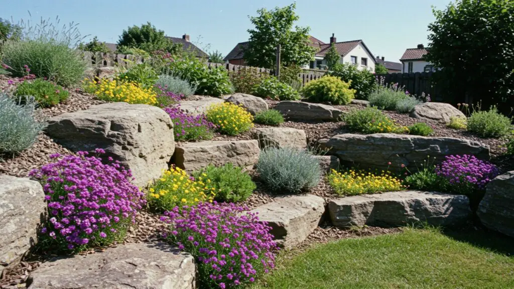 Multi-level rock garden. Large, weathered boulders with different tiers, with purple aubrietia and yellow alyssum