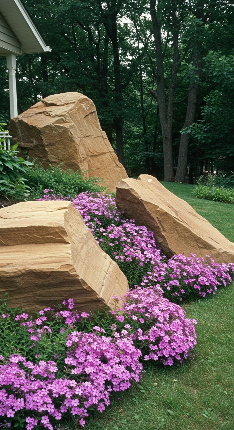large, angular sandstone boulders positioned on a gentle slope. Creeping phlox in shades of pink and purple grows around them