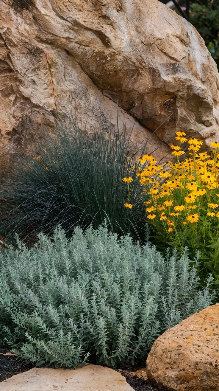 Silvery Artemisia 'Silver Mound' at the base of granite rock, while deep blue festuca grass provides textural variation and yellow coreopsis
