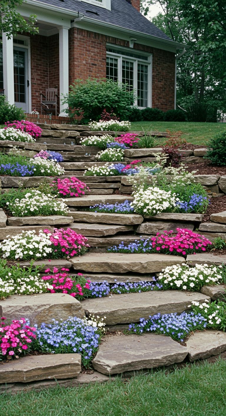 Tiered rock garden. Bright pink dianthus, white candytuft (Iberis sempervirens), and blue aubrietia spill over the stone edges,