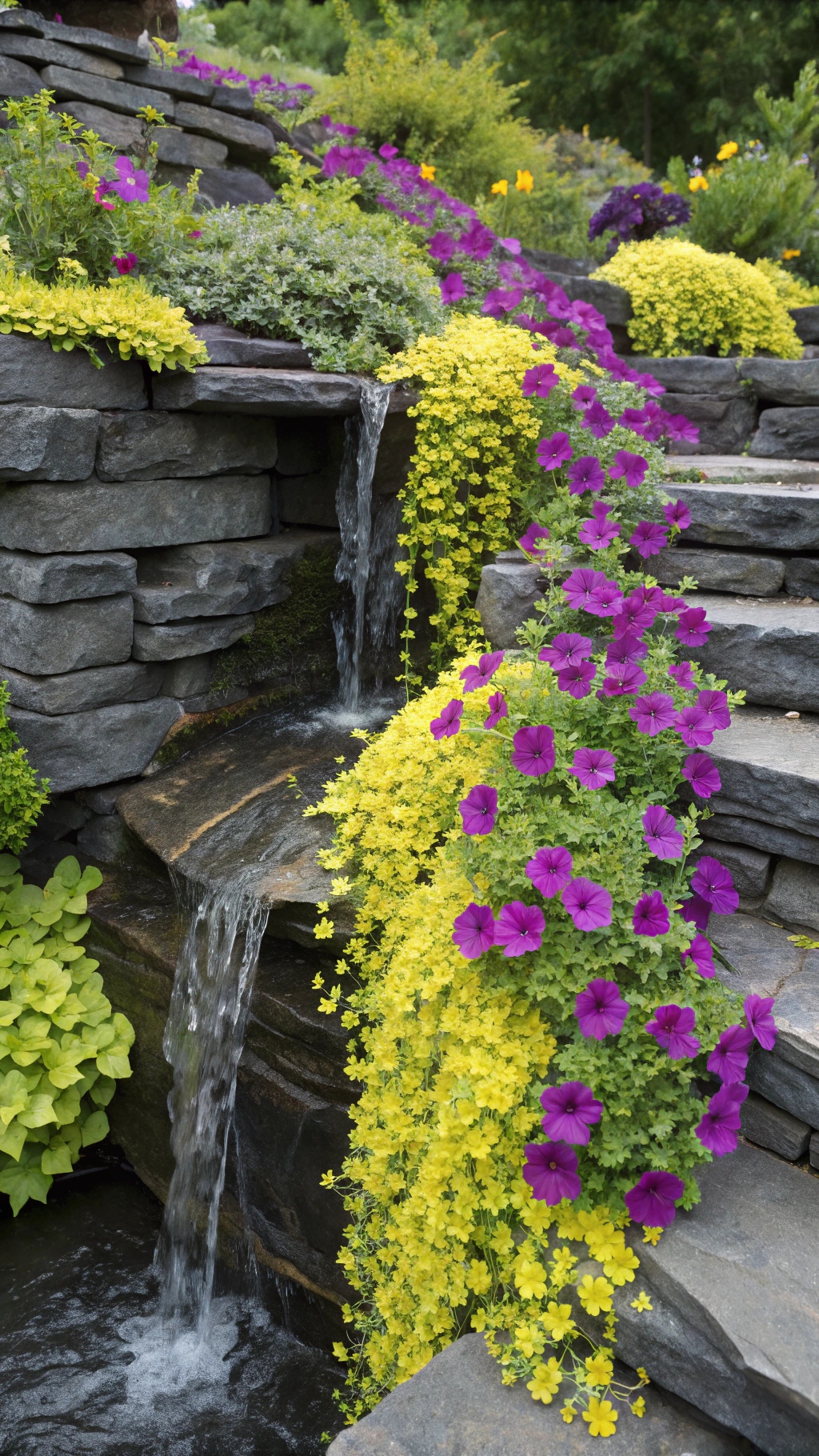 Golden creeping Jenny (Lysimachia nummularia 'Aurea') and purple petunias