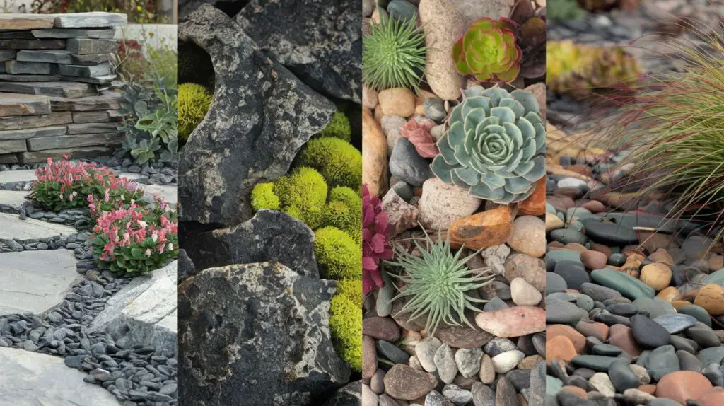 1. grey limestone with alpine pinks. 2. dark, speckled granite with vibrant green moss. 3. warm-toned sandstone with succulents. 4. smooth, multi-colored river rocks with ornamental grasses.