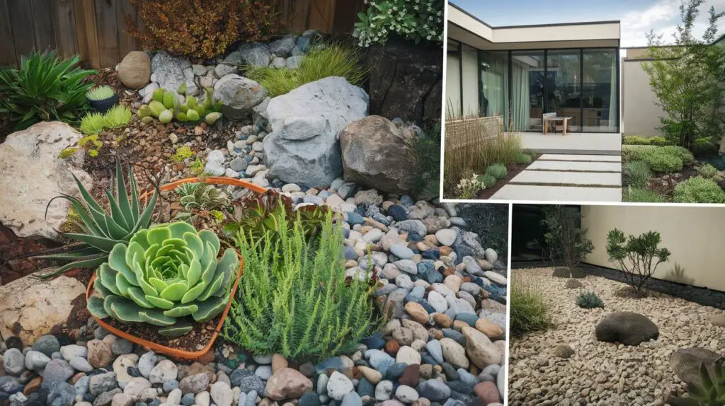low-maintenance rock garden with succulents sempervivum and echeveria, A modern Zen garden, highlighting aesthetic versatility of rocks.