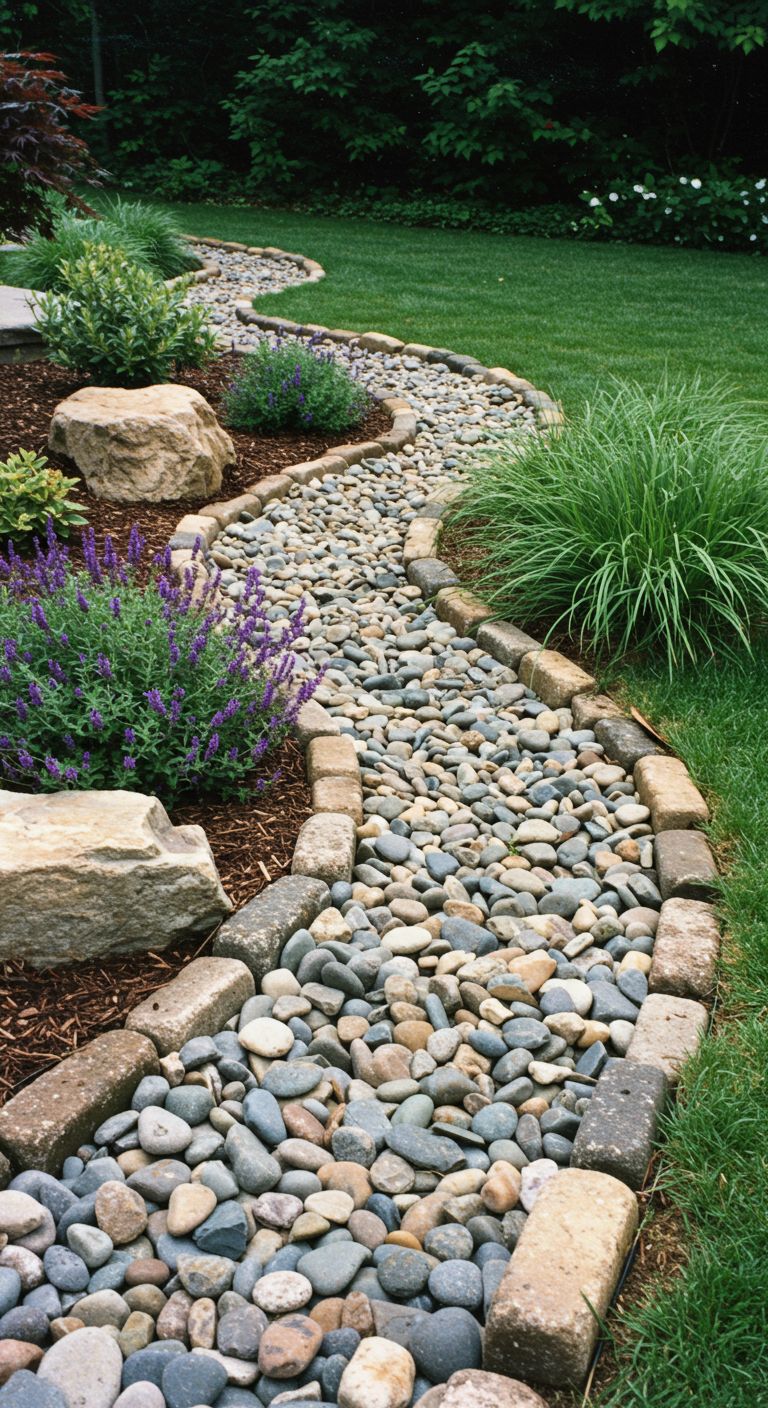 A winding dry creek bed crafted from smooth, grey, and tan river rocks of various sizes