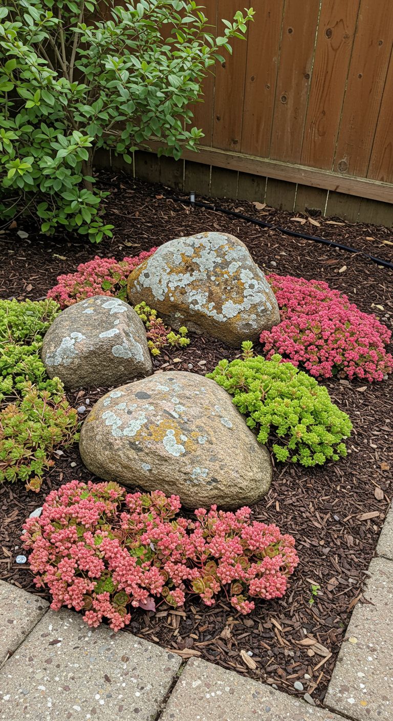 Three medium-sized, lichen-covered rocks form a focal point with Hardy Hens and Chicks (Sempervivum) and colorful sedum 'Angelina' filling the spaces between them.