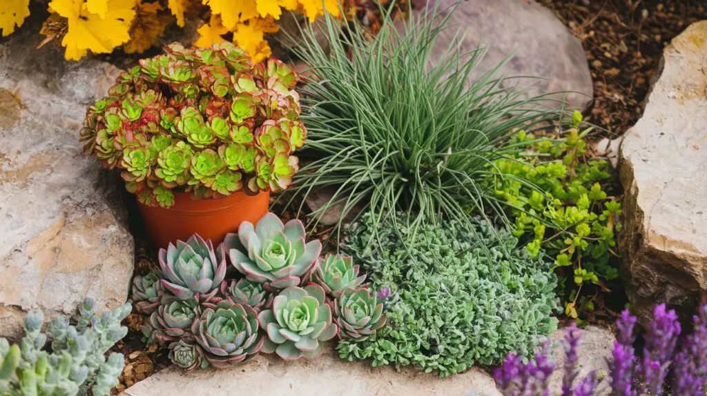 Pot of Sedum 'Autumn Joy', a clump of blue fescue grass, a mat of creeping thyme, and a cluster of Sempervivum.