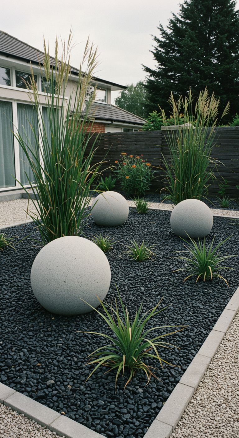 Modern rock garden in a rectangular bed filled with black polished pebbles. Spherical, grey concrete orbs withPhormium (New Zealand Flax) plants provide vertical accents