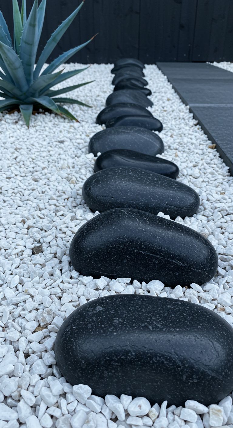 Polished basalt rocks are arranged in a neat row, contrasted with a bed of bright white marble chips and Agave attenuata 'Boutin Blue'