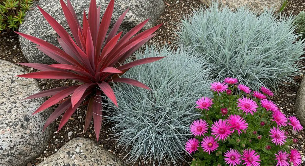Spiky red Cordyline australis 'Red Star', a clump of stiff, blue-grey Festuca glauca 'Elijah Blue'